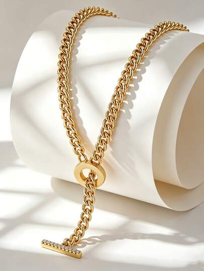 Charm-In Women's Gold-Plated Zirconia Cuban Chain Necklace, Densely Set Zirconia T-Shaped Clasp Design, Minimalist Personalized Gold Jewelry, Suitable For Daily Commute And Layering, Niche Gift For Girlfriend