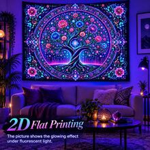 2D Flat Pattern, Single "Tree Of Life" Tapestry, Featuring Vibrant Mandala Design With Floral And Scroll Patterns. It Glows Under Fluorescent Light, Suitable For Wall Decoration, Bedroom Background Decor And Party Decoration. - Multicolor - View 13