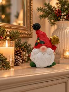 1pc Cute Christmas Gnome Figurines, Red Hat Gnome Holiday Decorations With Gold Tree Lantern Gift Box, Xmas Tabletop Decor For Home, Mantel, Shelf, Desk, Fireplace, Christmas Gift - A - View 12