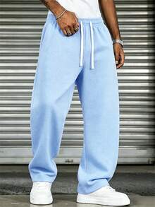 Father's Day Gift Men's Solid Color Minimalist Versatile Knit Pants, Suitable For Sports And Casual Wear, Fashionable Versatile Autumn Style - Baby Blue - View 3