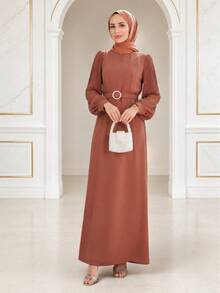 Women's Elegant Long Dress, Pleated Long Sleeve With Belt, Flowy Dress, Unique Formal Gown, Suitable For Wedding Guest, Party, Evening Event And Vacation Wear - Burnt Orange - View 6