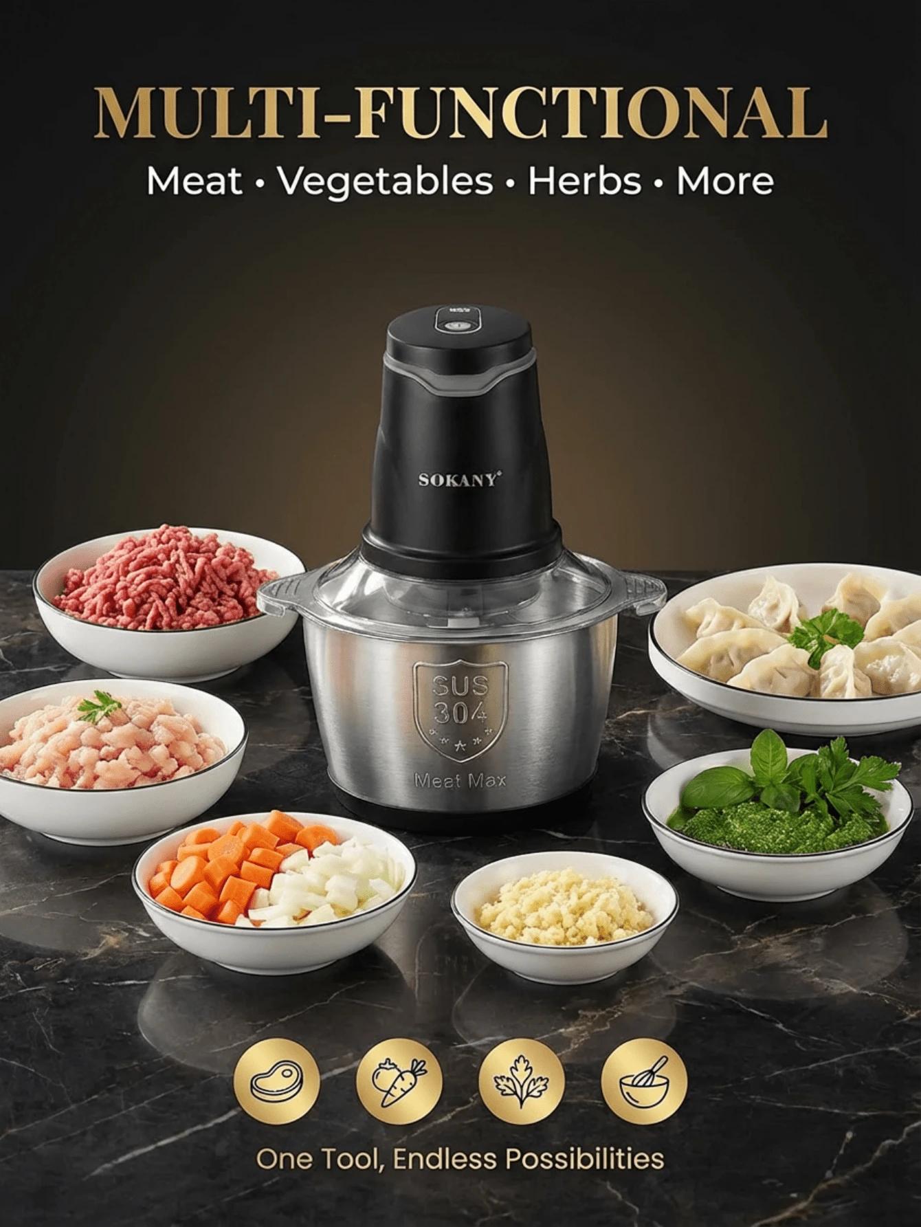 SOKANY‑7020 Electric Meat Grinder, 2L Large Capacity Multifunctional Food Chopper, Double‑Layer Four‑Blade Cutter, For Mincing Meat, Shredding Vegetables & Making Fillings, Household Kitchen Food Processor - Black - View 1