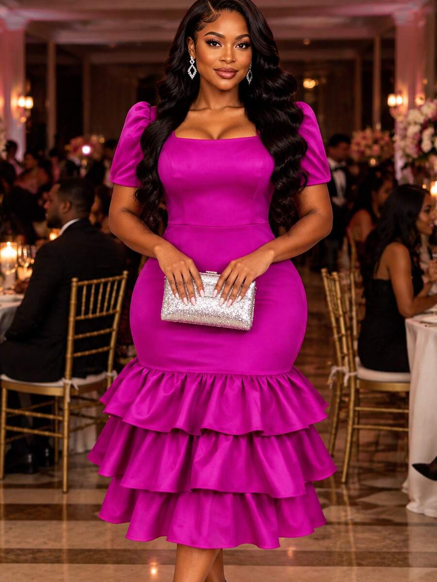 Women Elegant Charming Square Neck Puff Sleeve Ruffle Tiered Midi Dress, Suitable For Birthday Parties, Wedding Guests, And Business Presentations - Hot Pink - View 1