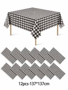 1/6/12PCS-137*274cm Black And White Plastic Checkered Tablecloth, Decorative Disposable Black Plaid Tablecloth, Suitable For Picnic, Farm, Birthday, Wedding Rectangular Table, Party Tablecloth - Black - View 17