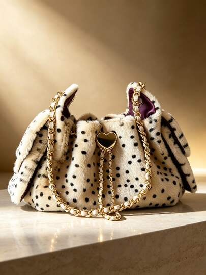 1 pieza Bolso de cubo de peluche con lunares de moda para mujer, bolso tote de piel sintética suave con lunares, cierre de metal en forma de corazón, correa de hombro de cuero con cadena dorada, bolso de hombro estilo vintage Y2K con ambiente de otoño/invierno, bolso versátil para mujer lindo y dulce para uso diario, citas y desplazamientos
