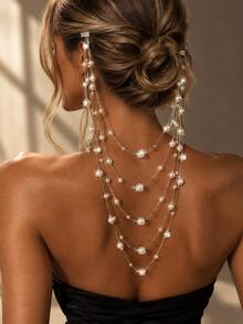Exquisite Shiny Multi-Layer Tassel Pearl Head Chain, Luxury Banquet Party Elegant Women's Evening Dress Fashion Accessory - Silver - View 3