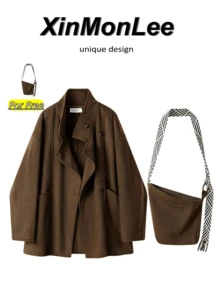 Premium Vintage Loose Fit Slimming Coat With Buttons, Casual Elegant Office Daily Autumn/Winter Vacation - Coffee Brown - View 1