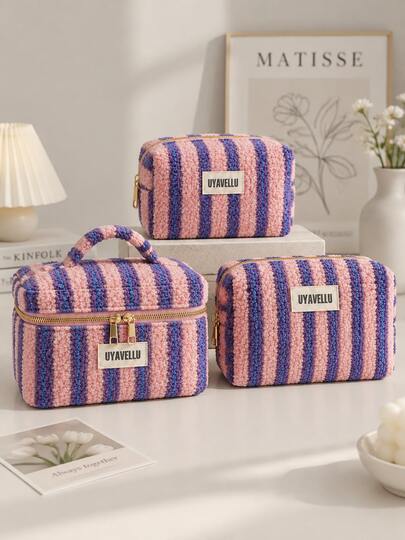 1pc/3pcs High End And Elegant Plush Makeup Bag, Plush Contrasting Striped Pattern Vacation Travel Bag Wash Bag, Zipper Portable Makeup Storage Bag, Women's Handbag, Large Capacity Makeup Bag Set, Suitable For Bedrooms, Travel, Vacation, And Schoocl