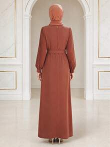 Women's Elegant Long Dress, Pleated Long Sleeve With Belt, Flowy Dress, Unique Formal Gown, Suitable For Wedding Guest, Party, Evening Event And Vacation Wear - Burnt Orange - View 3