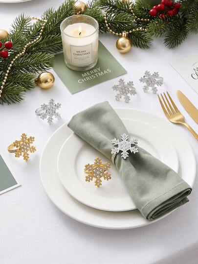 1-12pcs Gold Snowflake Rhinestone Napkin Rings, Luxury Alloy Rhinestone Design, Christmas Holiday Table Party Napkin Buckle