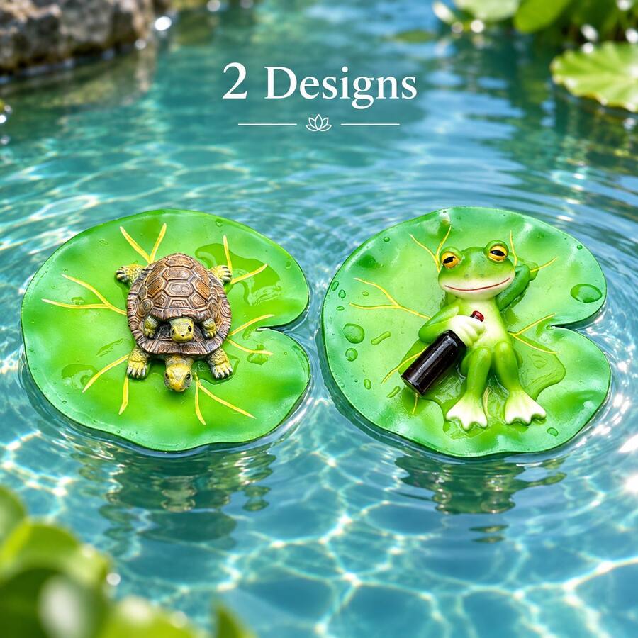 1pc Floating Lotus Leaf Pond Decor, Resin Frog Turtle Figurine, Water Floating Statue For Pool Fish Tank - A - View 1