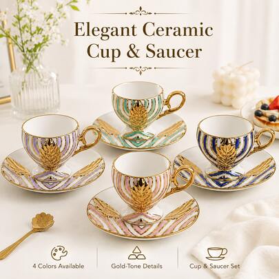 WGROOM 2P (1 Cup & 1 Saucer) Elegant Gold-Tone Ceramic Coffee Cup Set, Leaf Design Tea Cup With Saucer, Luxury Espresso Cup For Afternoon Tea, Home Cafe & Gift