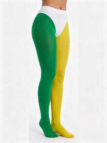1 Pair Christmas Carnival Color Block Tights Green Yellow Two Tone Patchwork High Elasticity Pantyhose Festival Party Wear - Multicolor - View 4