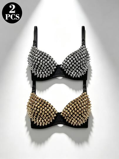 2Pcs Sexy Rivets Punk Lingerie Underwear,Fashion Metallic Flash Rivet Bra With Wire Free For Women,Nightclub Party Hot Bras Halloween Costume Women