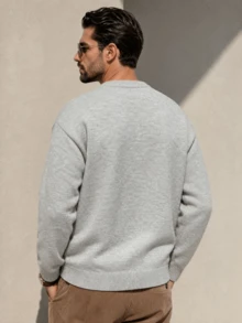 Men's Fashion Casual Vacation Versatile Solid Color Minimalist Crew Neck Long Sleeve Loose Ribbed Pullover Sweater Knit Top Daily Commute Home Wear Autumn/Winter - Grey - View 3