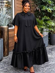 Gaun Panjang Longgar Hitam Ukuran Besar Wanita AOMEI, Kerah Pita dengan Kelim Ruffle, Warna Polos Minimalis Afrika, Gaya Kasual Gereja - Hitam - View 2