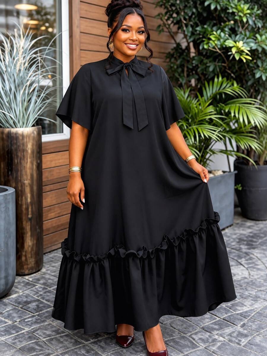 Gaun Panjang Longgar Hitam Ukuran Besar Wanita AOMEI, Kerah Pita dengan Kelim Ruffle, Warna Polos Minimalis Afrika, Gaya Kasual Gereja