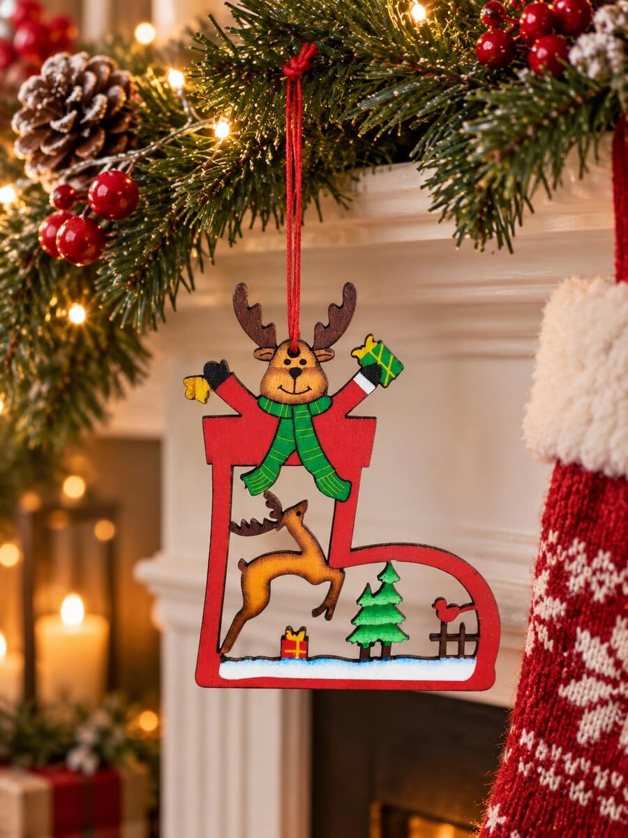 1pc Reindeer Hanging Ornament Red Green Rustic Farmhouse Holiday Tree Pendant With Deer Gift Pine Tree Design For Christmas Tree Door Knob Fireplace Garland Window Party Home Decor Winter Seasonal Gifting