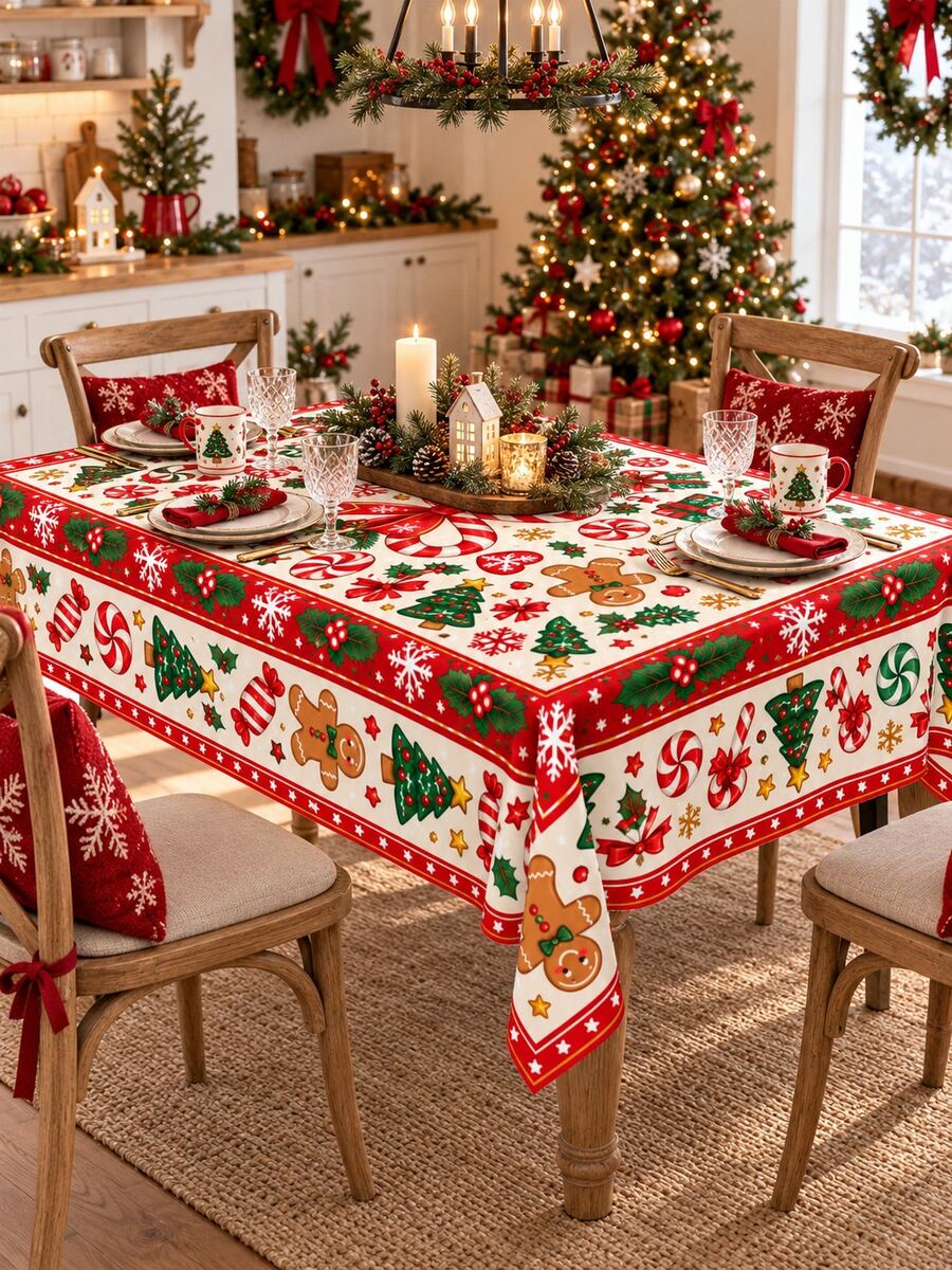 1pc-Retro Gingerbread Man Christmas Table Cover, Red Green Cream Holiday Tablecloth With Candy Cane & Christmas Tree Print, Winter Xmas Dining Room Tabletop Decoration, Lovely Festive Table Linen For Holiday Celebration - Multicolor - View 1