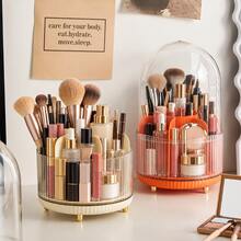 Organizer Makeup Warna Krem dengan Sisi Bergaris Transparan dan Banyak Kompartemen, Tempat Kuas Makeup dan Lipstik untuk Meja Rias - MultiWarna - View 2