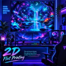 2D Flat Pattern, Single Piece, Forest Waterfall Tapestry, Dreamy Forest Waterfall, Dragonfly, Crescent Moon, Stream, Glowing Flower Pattern, Glows Under Fluorescent Light, Wall Decor, Hanging Fabric, Bedroom Backdrop, Party Decoration - Multicolor - View 12