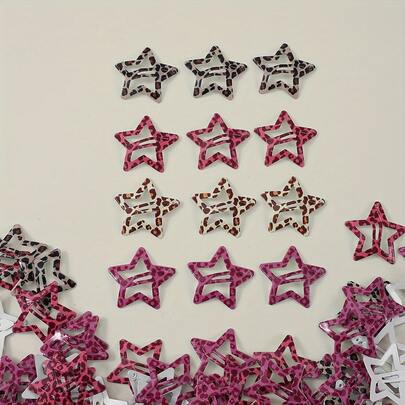 15pcs Random Color Hair Clips, Leopard Print Teardrop Star Hair Clips, Sweet Cute Y2K Bangs Clips, Suitable For Daily Commute Wear
