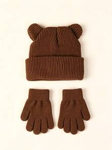 1 Set Unisex Toddler/Baby Knitted Hat + Gloves, Versatile Bear Design Cartoon Hat & Warm Gloves 2 Pieces Set - Set - View 4