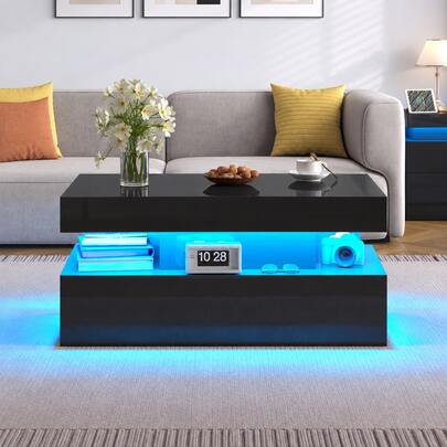 Living Room Coffee Table With LED Light, Modern High Gloss Center Table With Storage