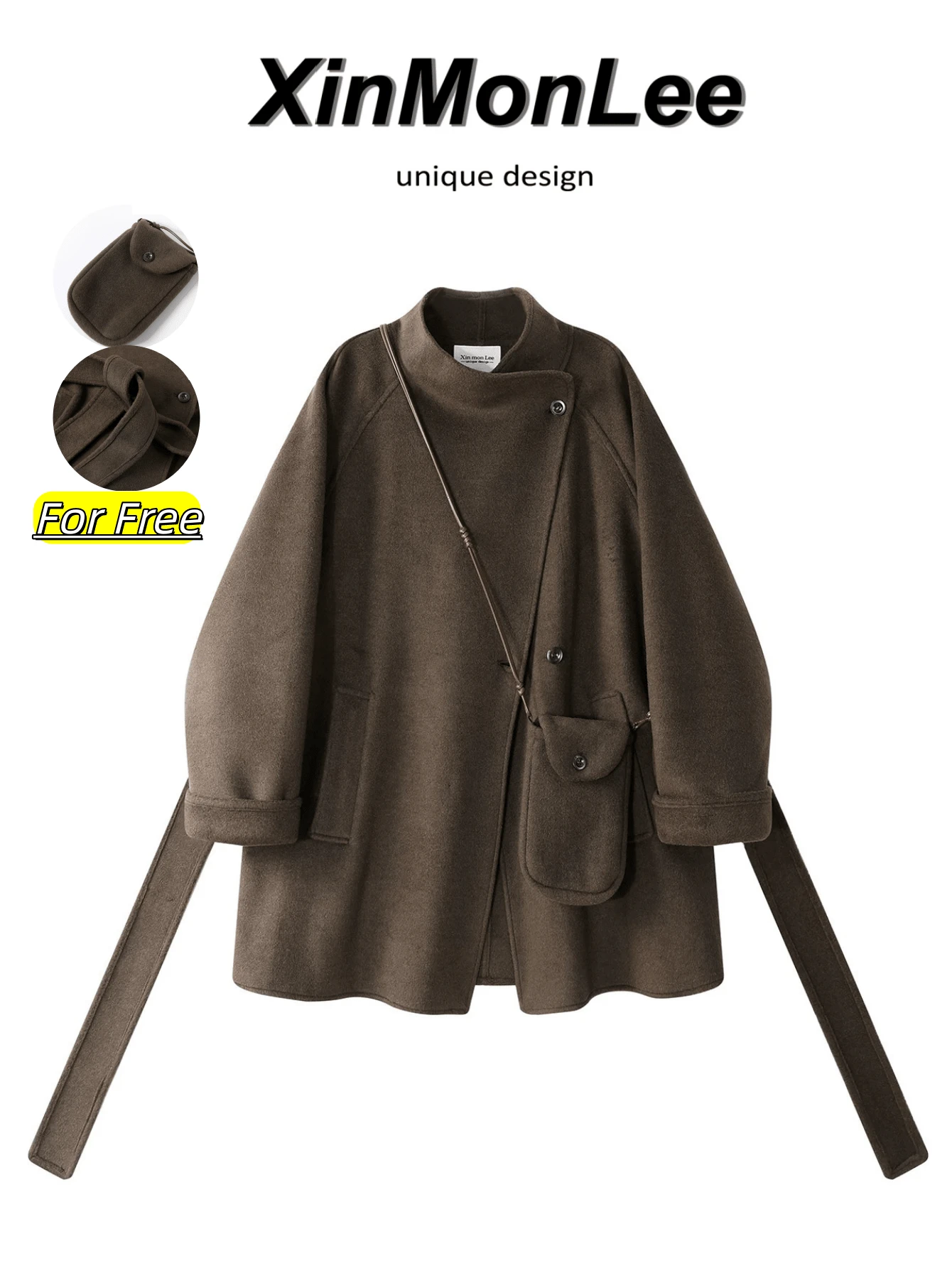 Atmospheric Double-Sided Wool Coat, Solid Color Button Jacket, College Office Daily Autumn/Winter Vacation Casual Elegant - Coffee Brown - View 1