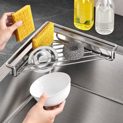 Rak Pengering Sudut Wastafel Stainless Steel, Anti Karat, Tanpa Pengeboran, Hemat Ruang, Rak Pengeringan dan Penyimpanan Piring, Cocok untuk Penyimpanan Spons dan Sayuran