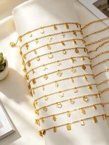 Women's Fashion Gold Stainless Steel Bracelet, Diamond/Sun/Star/Leaf/Heart-Shaped Multiple Mini Pendant Chain, Delicate Stackable Wrist Accessory, Suitable For Daily Wear, Party Occasions And Gift Giving - Gold - View 1