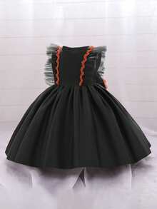 Baby Girls Flutter Sleeve Embroidered Contrast Color Bow Satin Cute Party Dress Suitable For Holiday Party Birthday - Black - View 5