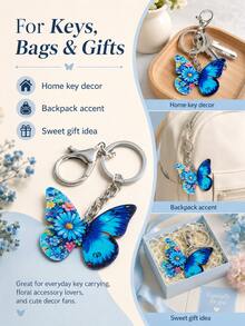 Blue Butterfly Floral Stainless Steel Keychain, Bag Charm Accessory Gift - Multicolor - View 12