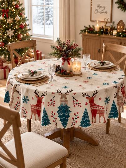 1pc Ivory Nordic Reindeer Tablecloth, Vintage Christmas Polyester Round/Rectangle Table Cover With Blue Pine Trees, Snowflakes & Red Berry Border, Xmas Dining Decor For Holiday Party, Farmhouse Kitchen, Winter Season