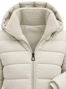 Women's Textured Collar Zip Up Hooded Quilted Padded Jacket With Flap Pockets - White - View 8