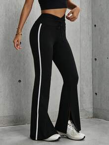 Hidkat Women's Fashion Solid Color High Waist Drawstring Tie Casual Yoga Sports Knitted Flare Pants - Black - View 5