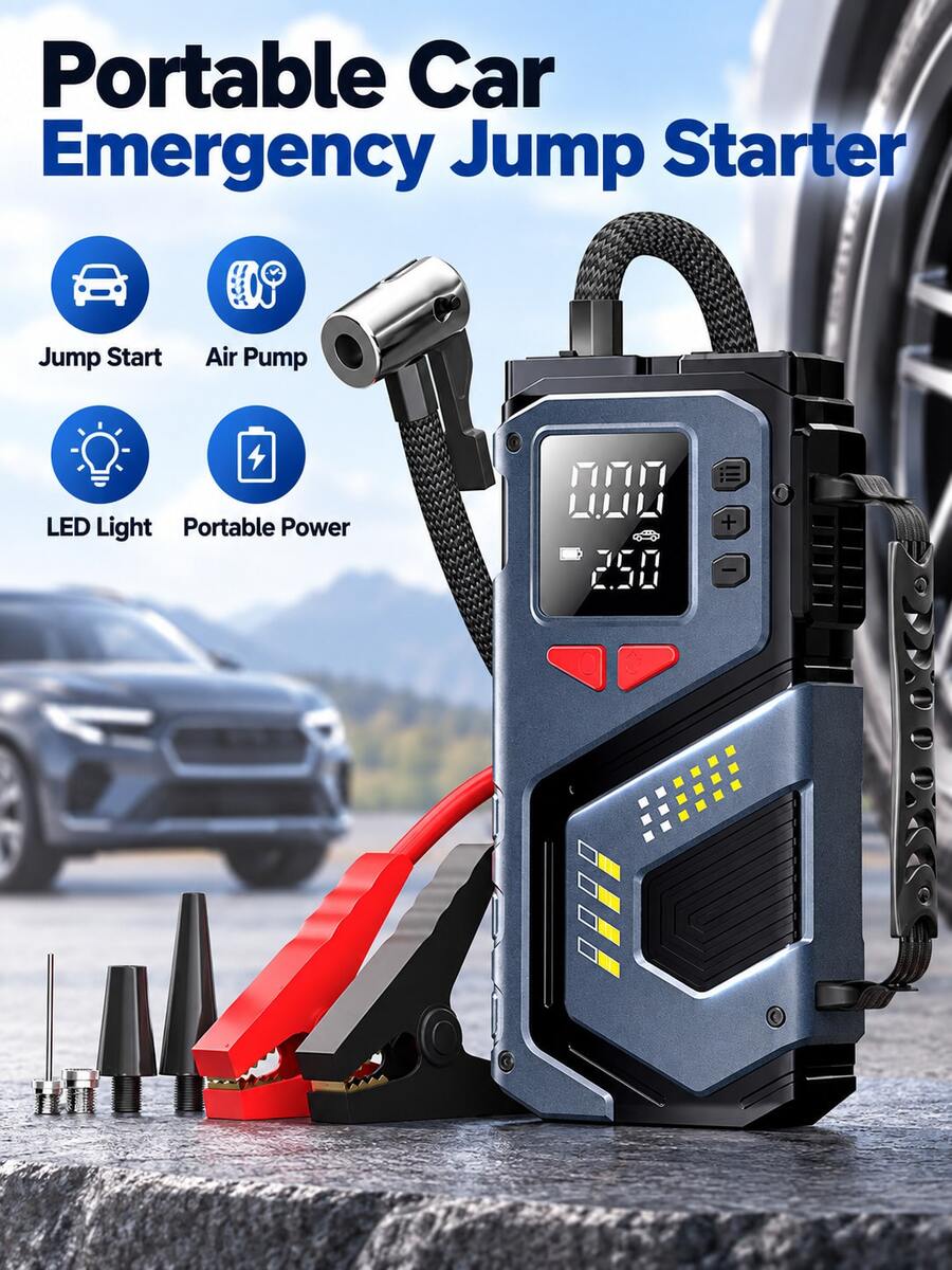 Portable Car Emergency Jump Starter, Tire Air Compressor, Car Jump Starter Pack, Automotive Emergency Starter, Featuring Digital Display And LED Flashlight