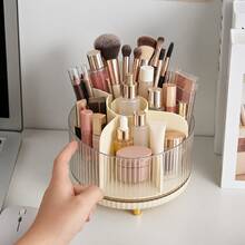 Organizer Makeup Warna Krem dengan Sisi Bergaris Transparan dan Banyak Kompartemen, Tempat Kuas Makeup dan Lipstik untuk Meja Rias - MultiWarna - View 6