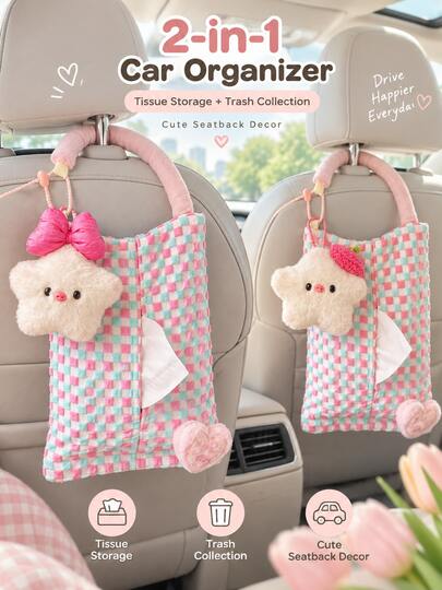 2-In-1 Car Seat Back Organizer, Tissue Storage & Trash Collection Design, Easy To Install Cute Car Seat Back Decor, Universal For Road Trip Daily Commute, Ideal For Car Owners Passengers
