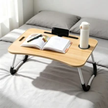 1pc Wood Grain Folding Bed Desk, With Cup Slot, Card Slot And Non-Slip Table Legs, Foldable Lazy Laptop Desk For Reading And Working In Bed, Suitable For Dorm Study, Watching Videos And Working In Bed - Multicolor - View 4
