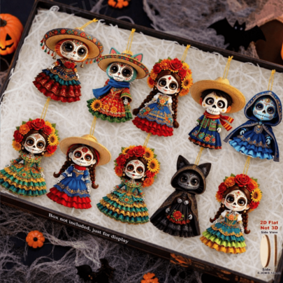 [2D Flat]10pcs/Set Candy Skull Theme Wooden Hanging Decorations - Perfect For Halloween, Day Of The Dead, Christmas, New Year, Birthday And Back To School Season - Suitable For Home, Office, Classroom, Car, Keychain, Phone And Outdoor Decoration