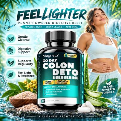MEGNETA Colon Magic Capsules | Berberine Complex 1160mg | Psyllium Husk |   | Aloe Vera | Vegan & Gluten Free | Natural Ingredients | No Fillers | 60 Capsules