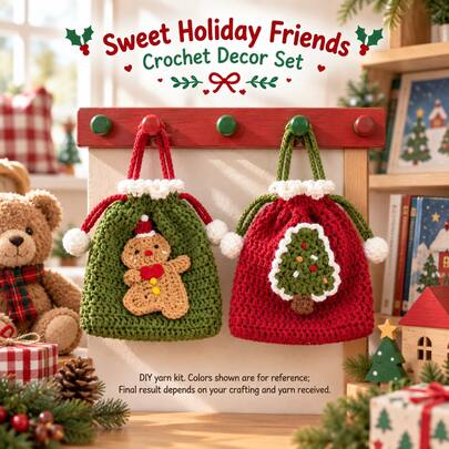 1pc Christmas Drawstring Bag/Pointed Hat/Socks/Gloves Crochet Set (Unfinished Set, Requires Simple Hand Crochet). Includes Step-By-Step Tutorial And English Instructions. Suitable As Fun Decorative Gift For Family And Friends At Birthday Party