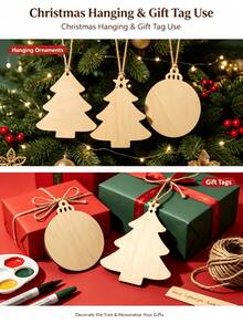 1 Set (50pcs) Blank Christmas Wooden Ornaments Unfinished Wood Slices For DIY Painting, Xmas Tree Hanging Decor & Gift Tag Crafts - A - View 4
