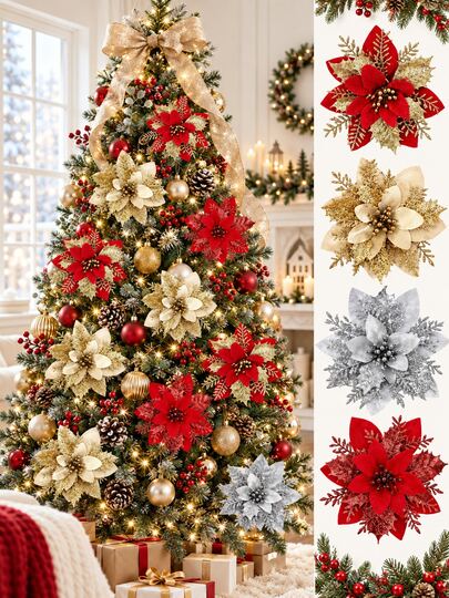 10 Peças Decorações de Árvore de Natal com Poinsettia Brilhante, Flores de Natal Reutilizáveis, Guirlandas DIY, Decoração de Escada, Enfeites de Árvore de Natal, Decorações de Natal, Adequado para Portas, Paredes, Janelas, Lareiras, Árvores de Natal, Decoração de Piso, Adequado para Festas de Natal, Festas de Casamento, Decoração Doméstica, Embrulho de Presente, Decoração de Arbusto de Inverno Cintilante, Presentes de Festa de Natal, Decoração Pendurada em Árvore de Natal, Decoração de Quarto