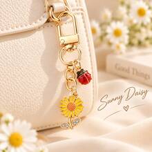 1pc Cute Ladybug Daisy Keychain, Floral Bag Charm, Rotating Buckle Design, Suitable For Handbags, Backpacks Pendant Decoration, Yellow/White Flowers, Christmas Holiday Gift - Quantity - View 6