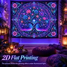 2D Flat Pattern, Single "Tree Of Life" Tapestry, Featuring Vibrant Mandala Design With Floral And Scroll Patterns. It Glows Under Fluorescent Light, Suitable For Wall Decoration, Bedroom Background Decor And Party Decoration. - Multicolor - View 1