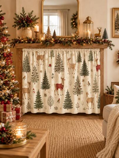 1 peça Cortina de Natal para Debaixo do Lavatório, Saia de Lavatório com Rena de Inverno e Árvore de Pinheiro em Estilo Pastoral, Bandô de Janela de Cozinha com Padrão de Boneco de Neve e Pássaro de Natal, Decoração de Feriado para Armário de Arrumação Aberto Debaixo da Bancada, Decoração para Cozinha Doméstica