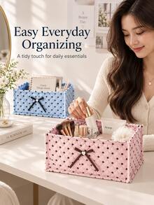 Sweet Polka Dot Quilted Fabric Storage Bin, Rectangular Soft Storage Box With Bow Decoration, Large Capacity Multi-Functional Storage Box, Suitable For Cosmetics, Snacks, Ideal For Desktop, Bathroom And Bedroom Home Storage - Multicolor - View 2
