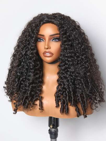 Peluca de media pelo rizado de cabello humano birmano de 18 pulgadas para mujer, extremos rizados en espiral, sin pegamento, lista para usar, con cordón ajustable, densidad 180%, reversible, apta para principiantes, sin pegamento, sin coser, negro natural